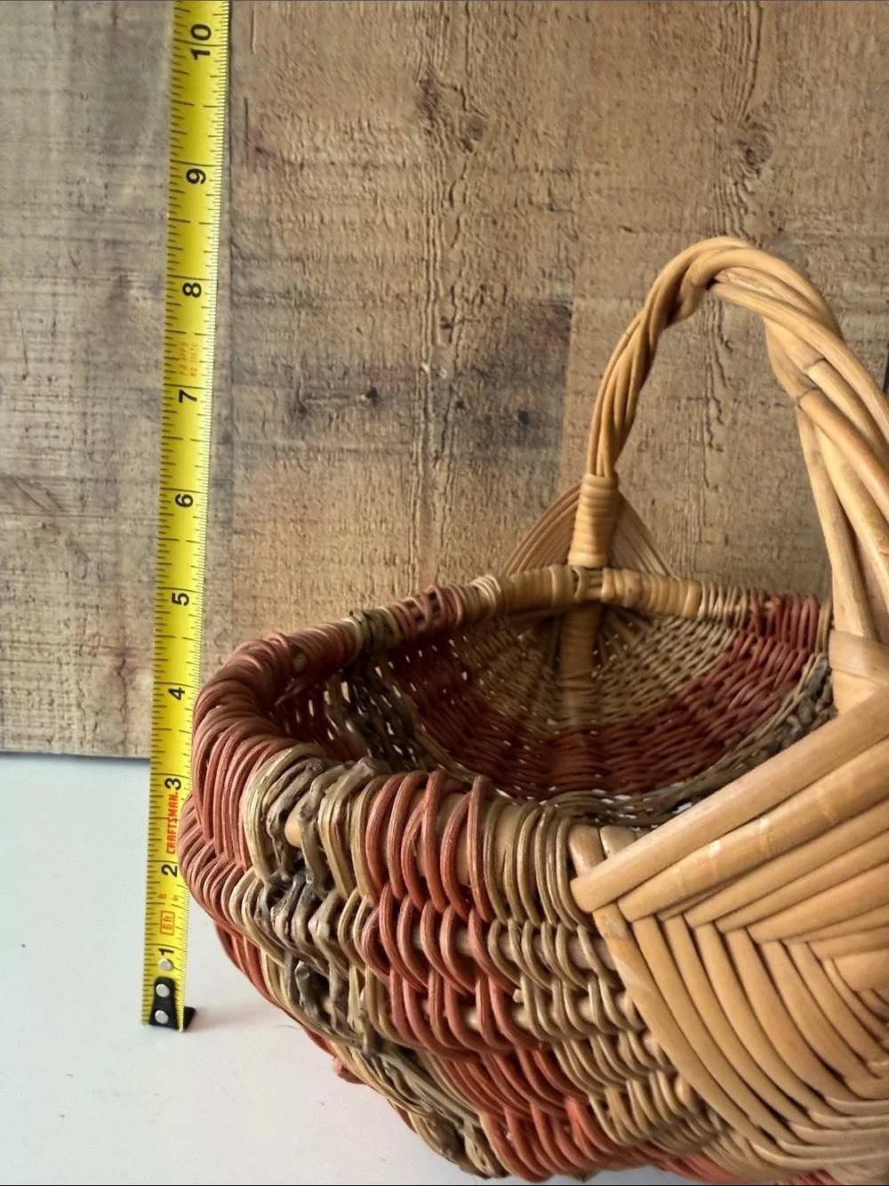 Vintage Primitive Woven Buttocks Basket with God’s Eye in Natural and Terracotta